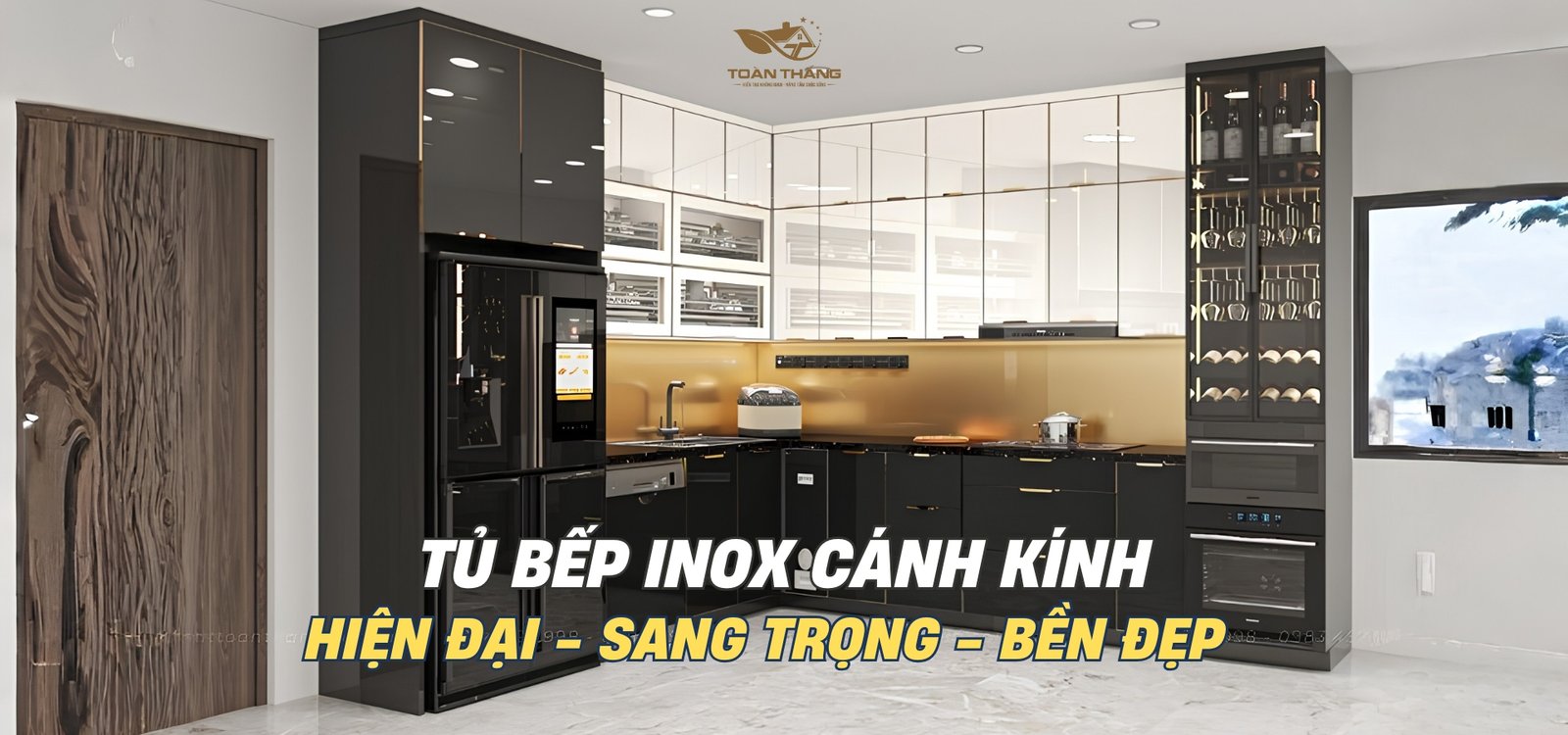 Tủ bếp inox cánh kính tông màu đen trắng gia đình anh Chính Sơn Đồng Hà Nội