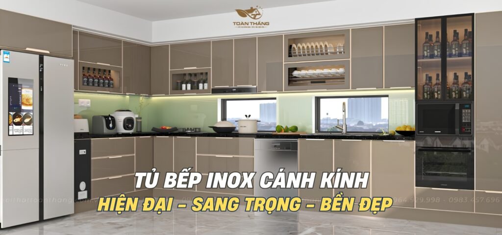 Tủ bếp inox cánh kính màu be sáng gia đình chị Xuân Cầu Giấy Hà Nội