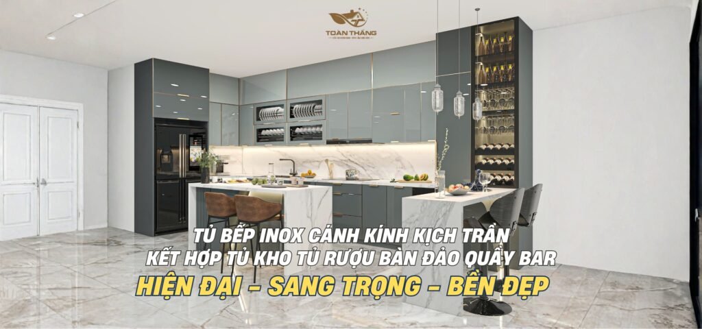 Tủ bếp inox cánh kính kịch trần kết hợp tủ kho tủ rượu bàn đảo gia đình anh Tuấn cầu Am Hà Nội