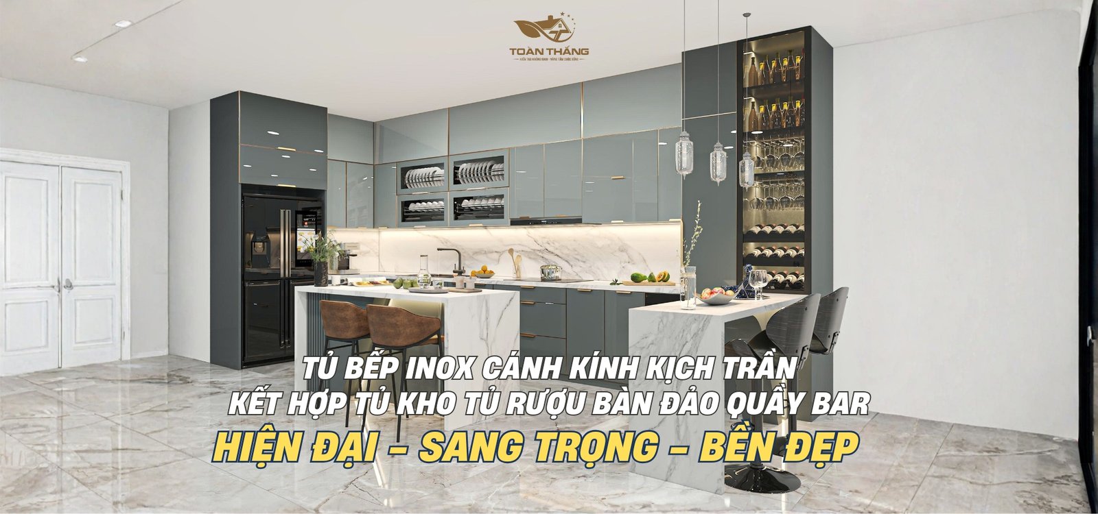 Tủ bếp inox cánh kính kịch trần kết hợp tủ kho tủ rượu bàn đảo gia đình anh Tuấn cầu Am Hà Nội