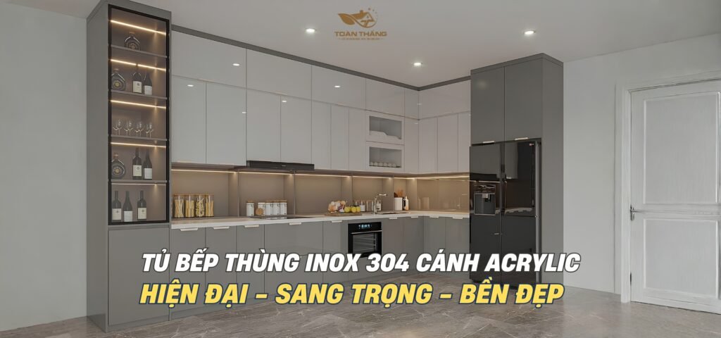 Tủ bếp inox cánh Acrylic màu trắng gia đình cô Hiền Lương Yên Hà Nội
