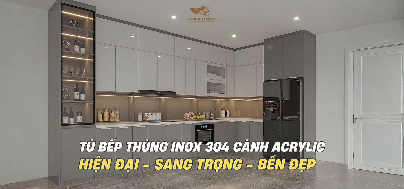 Tủ bếp inox cánh Acrylic màu trắng gia đình cô Hiền Lương Yên Hà Nội