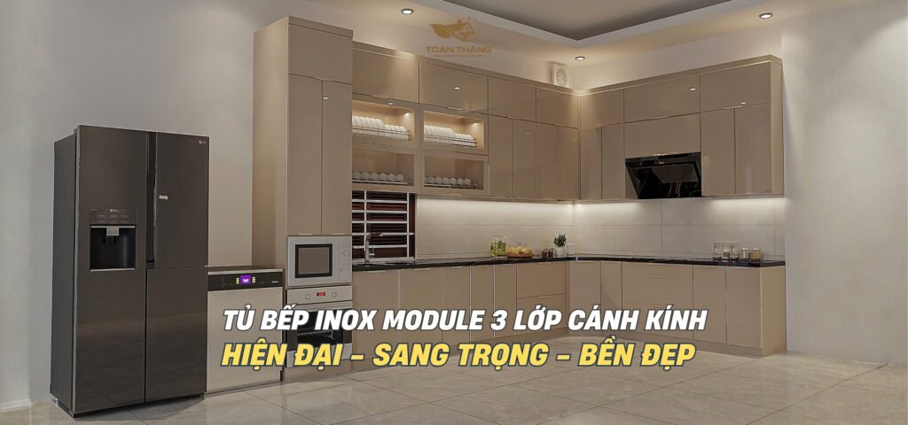 Tủ bếp inox cánh kính module 3 lớp gia đình bác Châu Thành phố Vinh Nghệ An