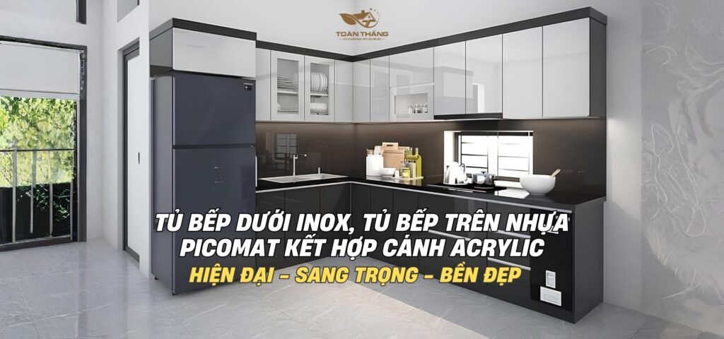 Tủ bếp dưới thùng inox, tủ bếp trên thùng nhựa Picomat kết hợp cánh Acrylic gia đình anh Lĩnh Chương Mỹ Hà Nội