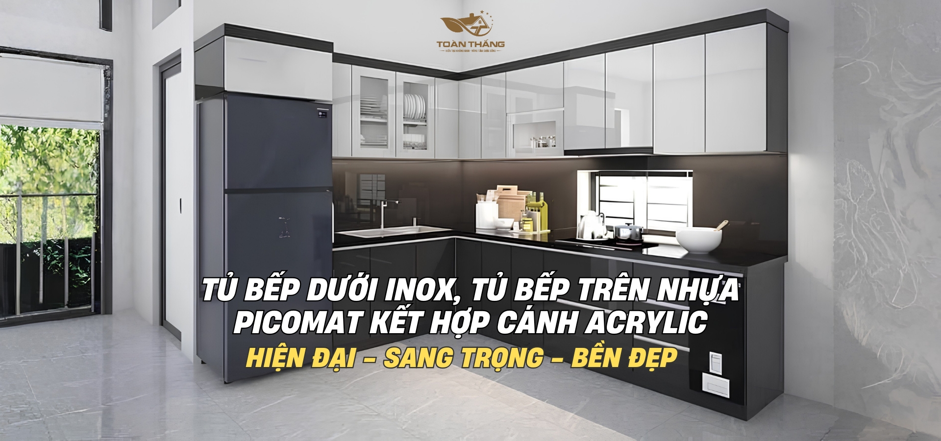 Tủ bếp dưới thùng inox, tủ bếp trên thùng nhựa Picomat kết hợp cánh Acrylic gia đình anh Lĩnh Chương Mỹ Hà Nội