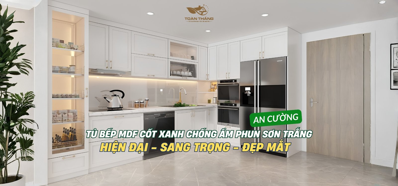 Tủ bếp MDF cốt xanh chống ẩm An Cường phun sơn trắng gia đình anh Hoàng Vạn Phúc